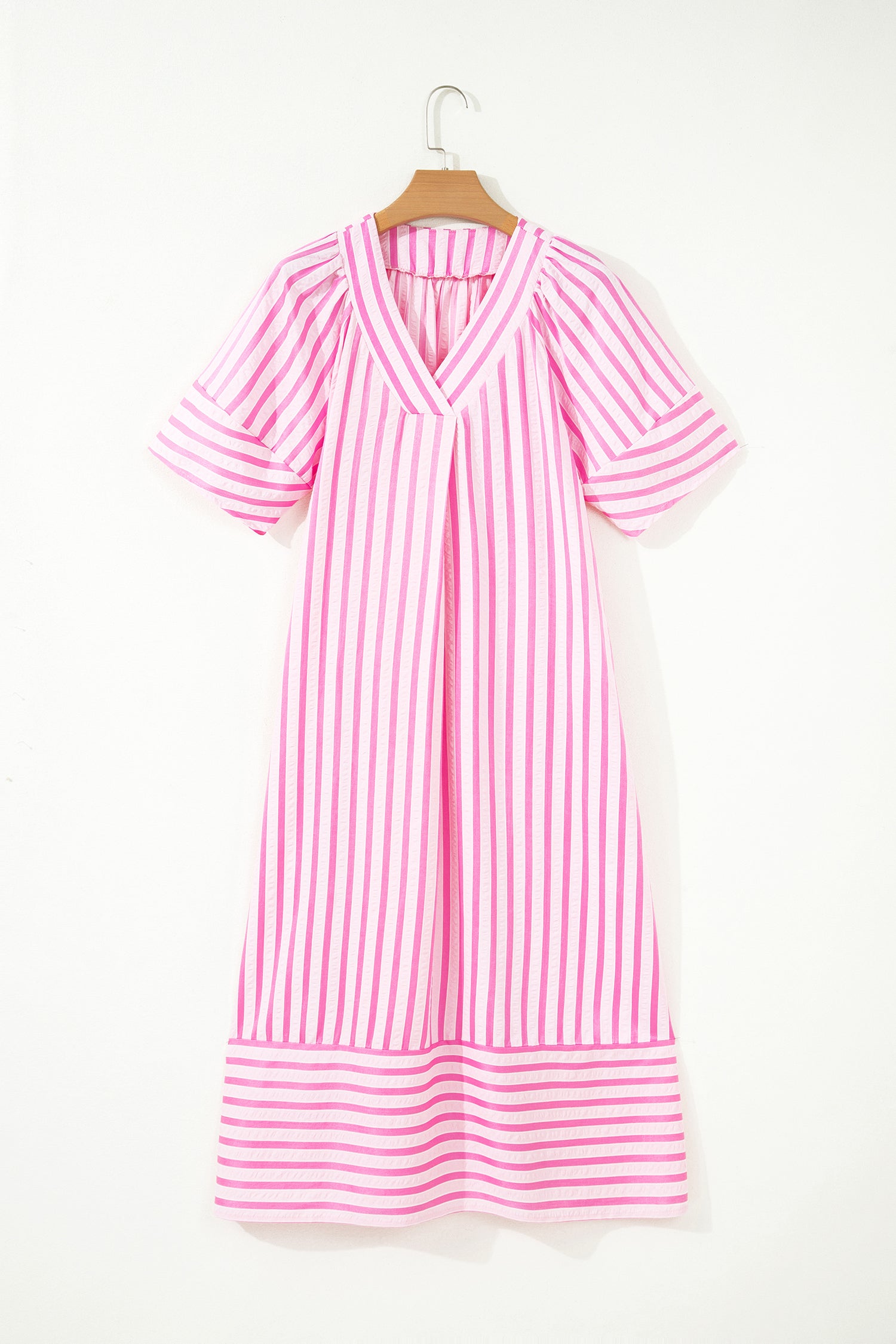 Pink Stripe V Neck Short Sleeve Shift Long Dress
