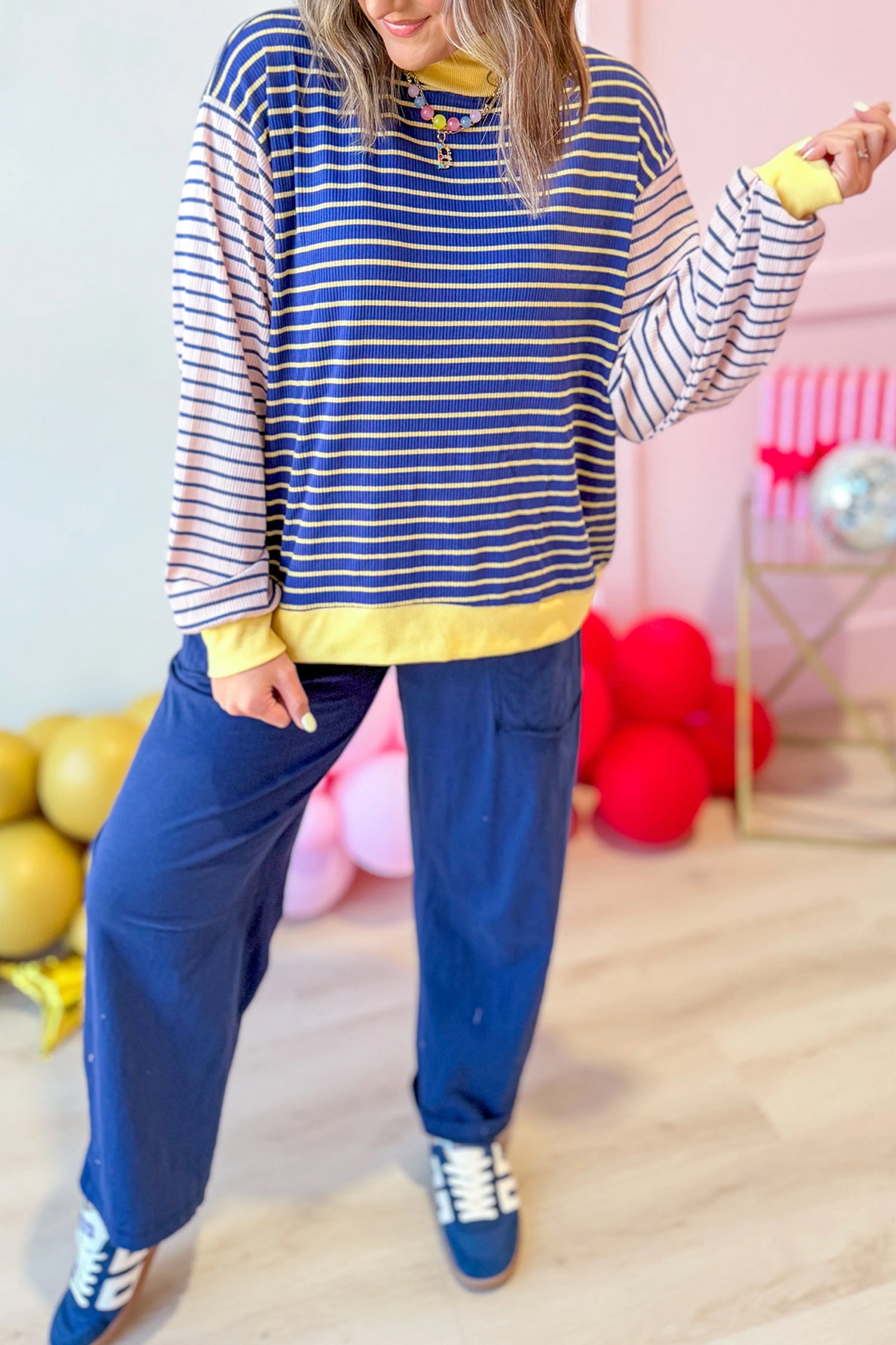 Blue Stripe Contrast Long Sleeve Crew Neck Pullover Top