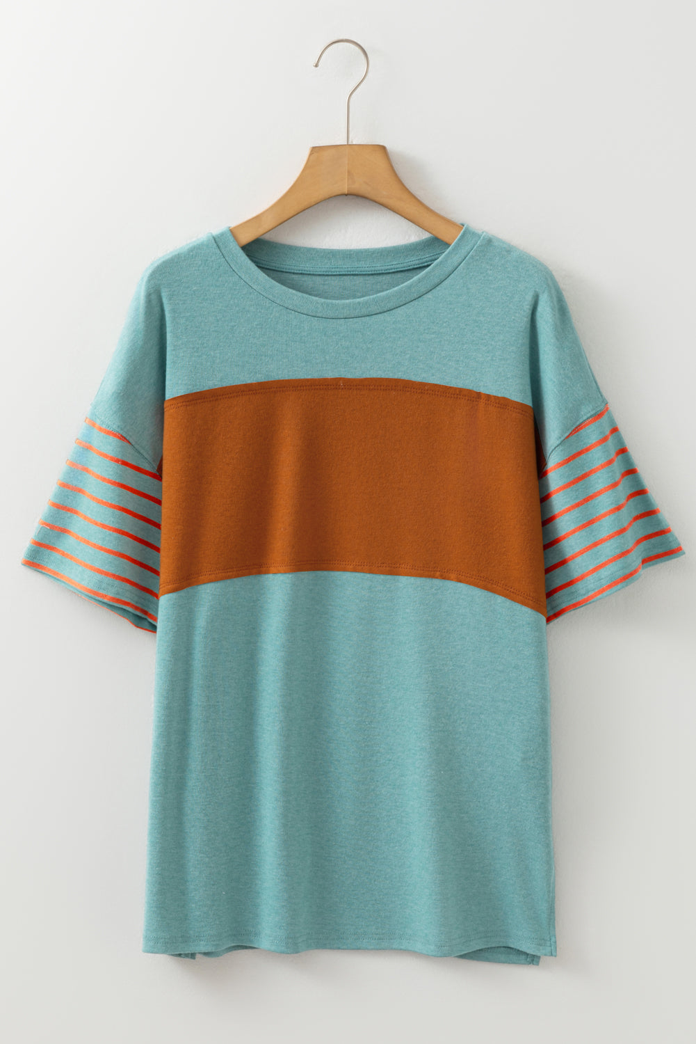 Tan Color Block Striped Detail Loose T Shirt