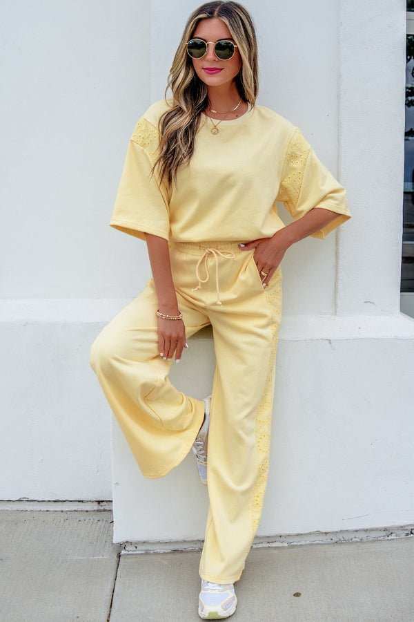 Yellow Cream Lace Patchwork Half Sleeve Top Elastic Waist Pants Two Piece Set