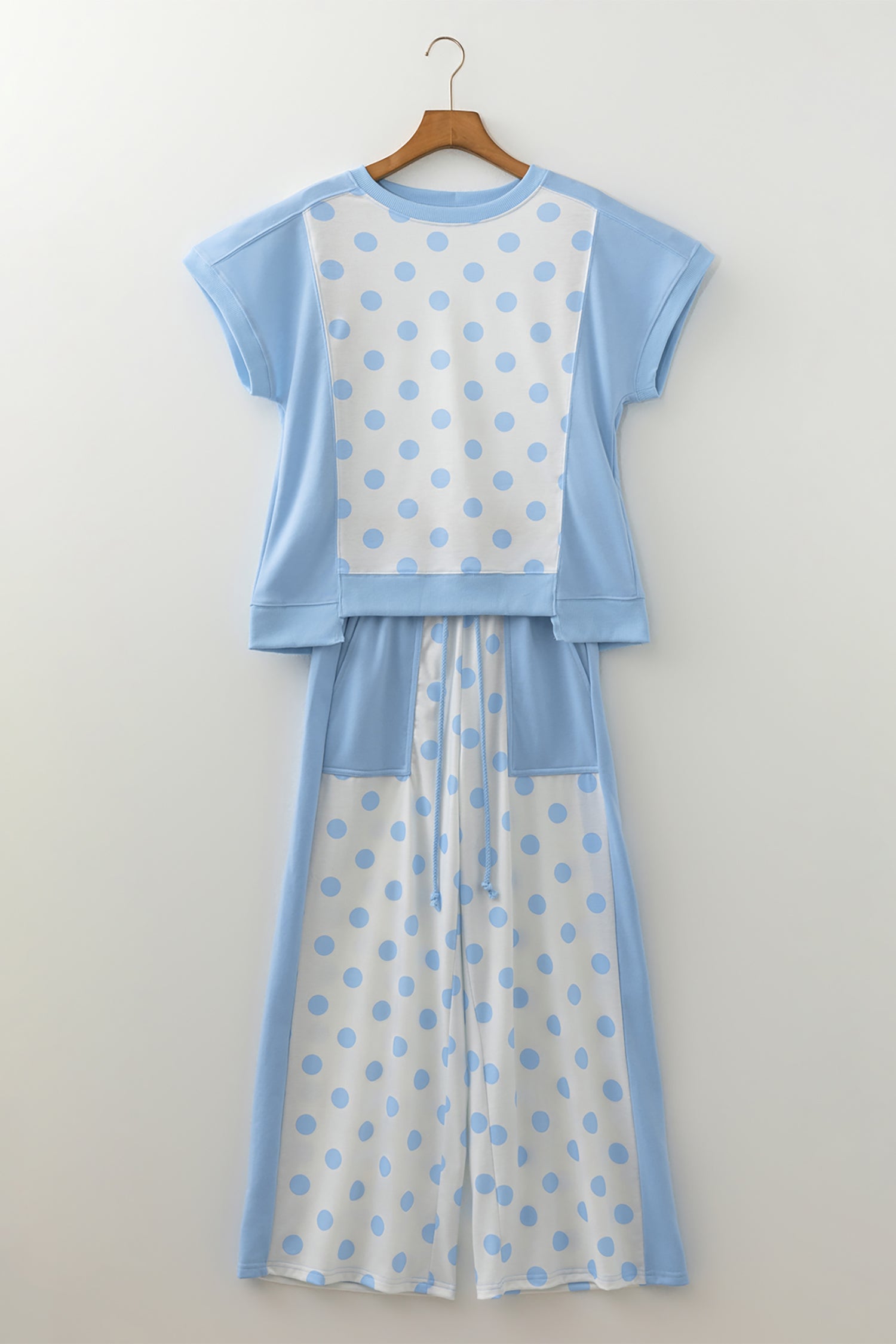 Green Color Block Patchwork Polka Dot Wide Leg Pant Set