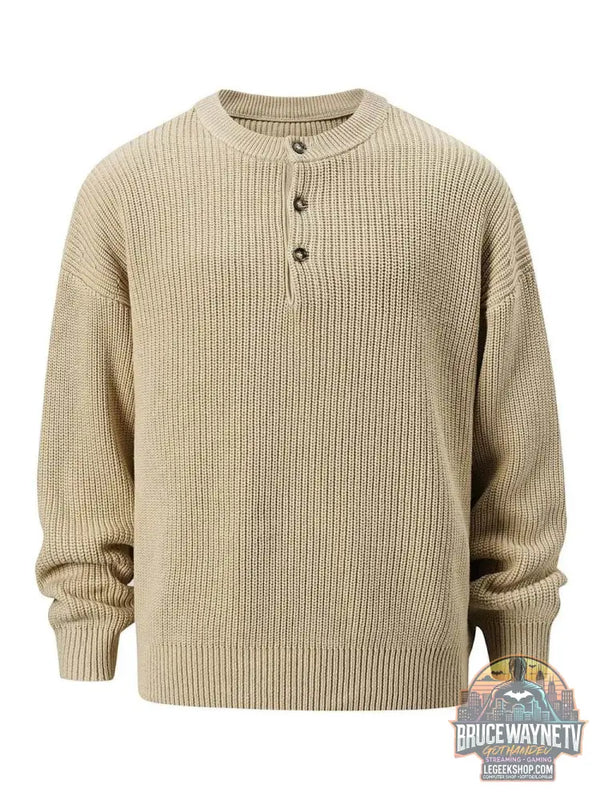 Pull col rond laine haut de gamme en beige avec boutons pour un style décontracté et élégant