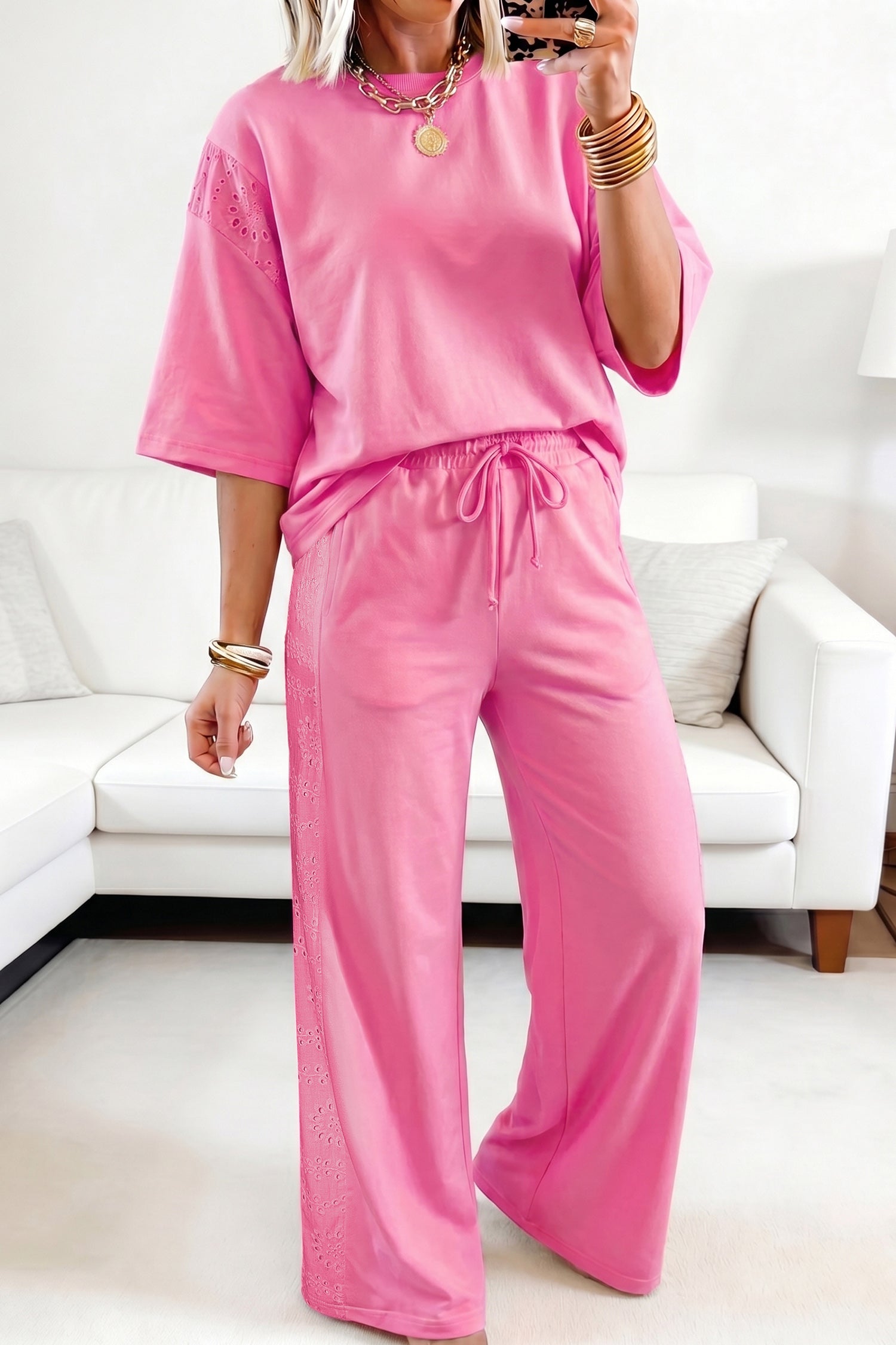Yellow Cream Lace Patchwork Half Sleeve Top Elastic Waist Pants Two Piece Set