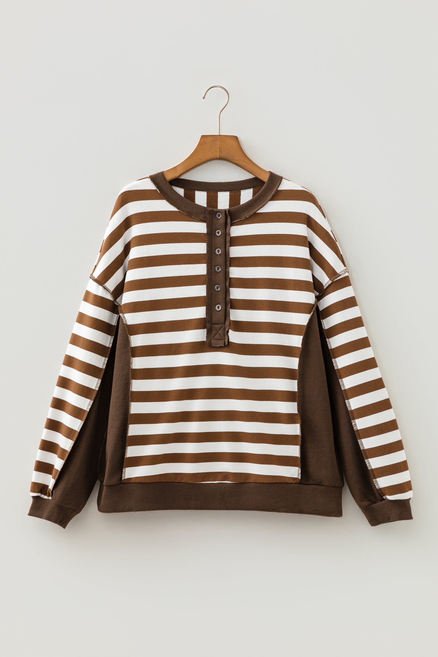 Brown Stripe Exposed Seam Color Block Patchwork Button Placket Sweatshirt