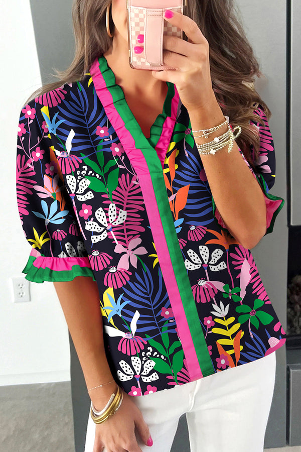 Blouse femme floral, rayé, manches courtes, col V