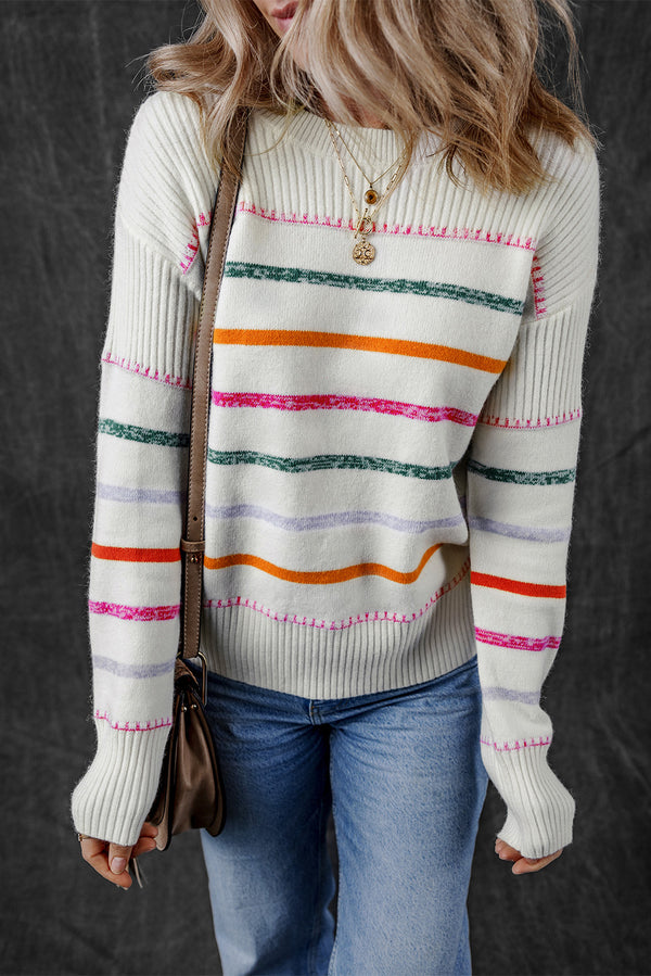Pull femme rayé, côtelé — blanc