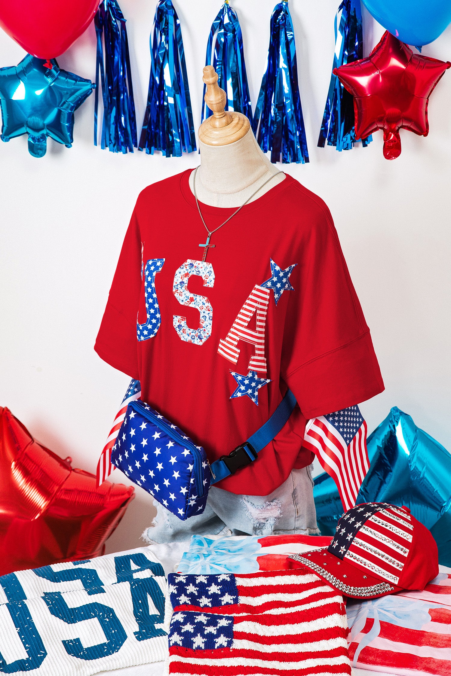 Fiery Red Patriotic USA Slogan Patch Embroidery Short Sleeve T Shirt