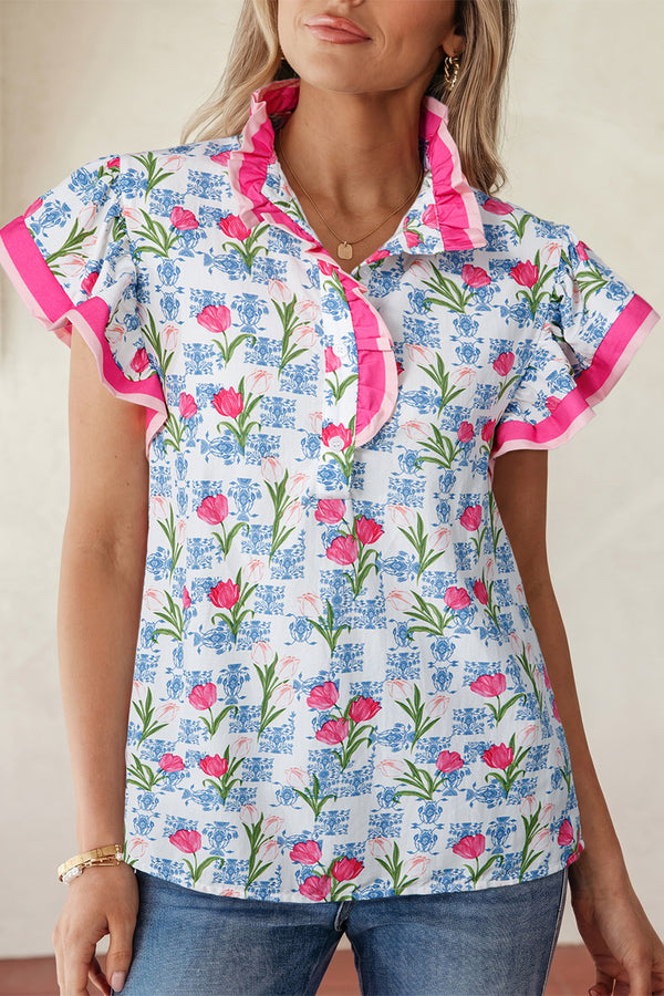 Blouse femme floral, rayé, boutonnée, demi-boutonnage, colorblock