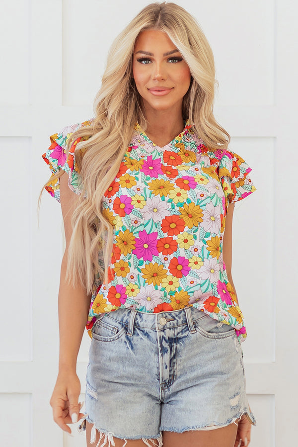 Blouse femme floral, à volants, smocké, à étages — jaune