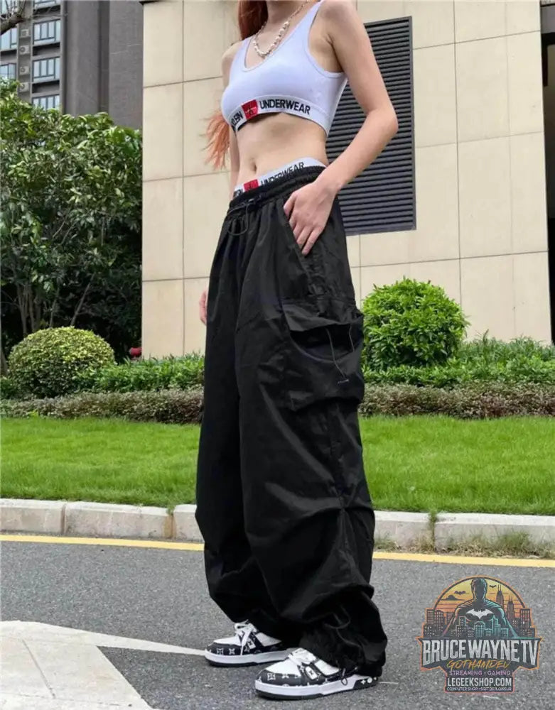 Pantalon de survêtement baggy à jambes larges pour femmes, pantalon noir parachute Y2K, Streetwear Hiphelicopter, poches surdimensionnées, Cargo FjHarajuku | Wayne Outfitters - Legeekshop