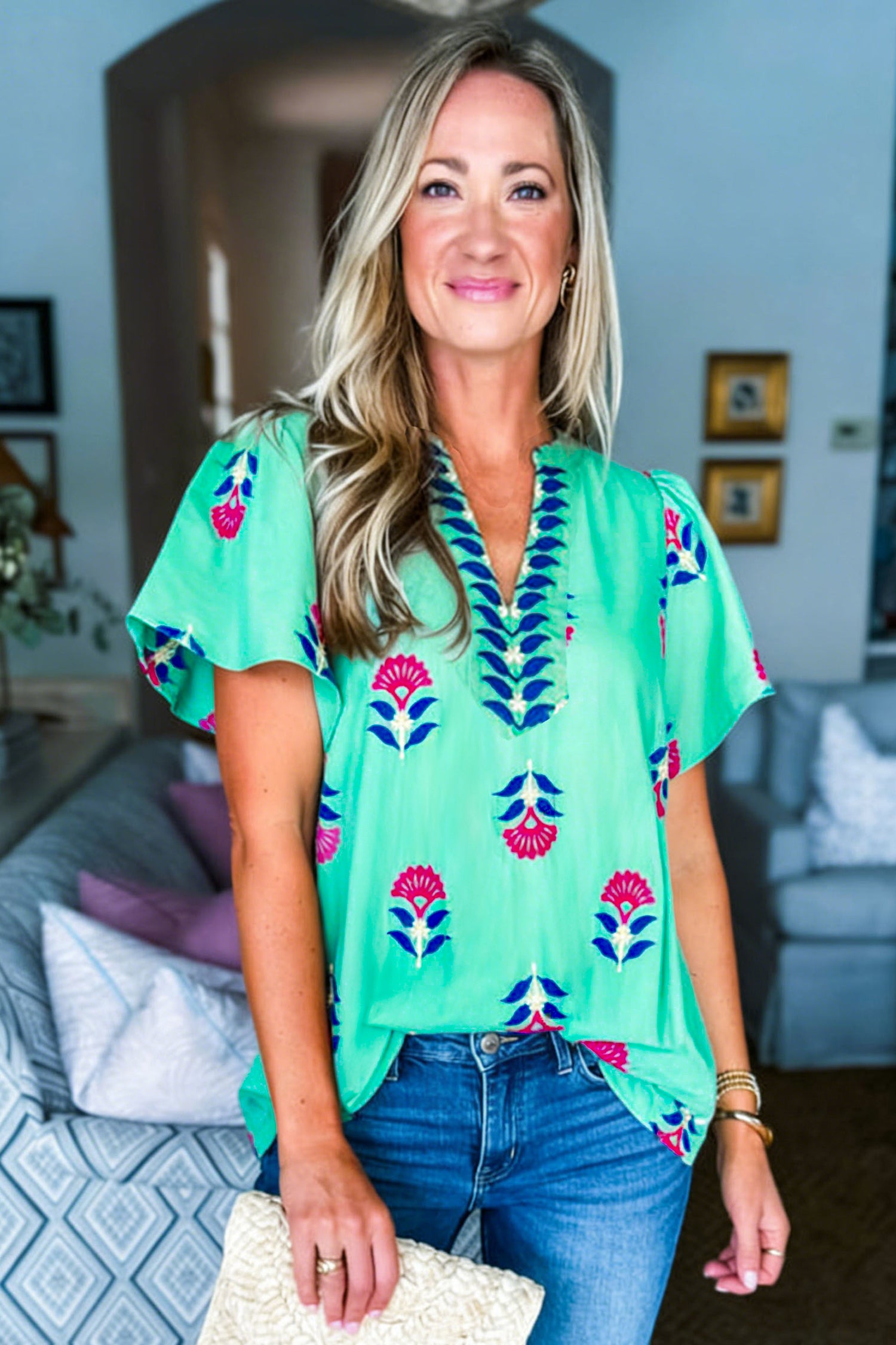 Green Floral V Neck — Tops/Blouses & Shirts, vue 6, LeGeekShop