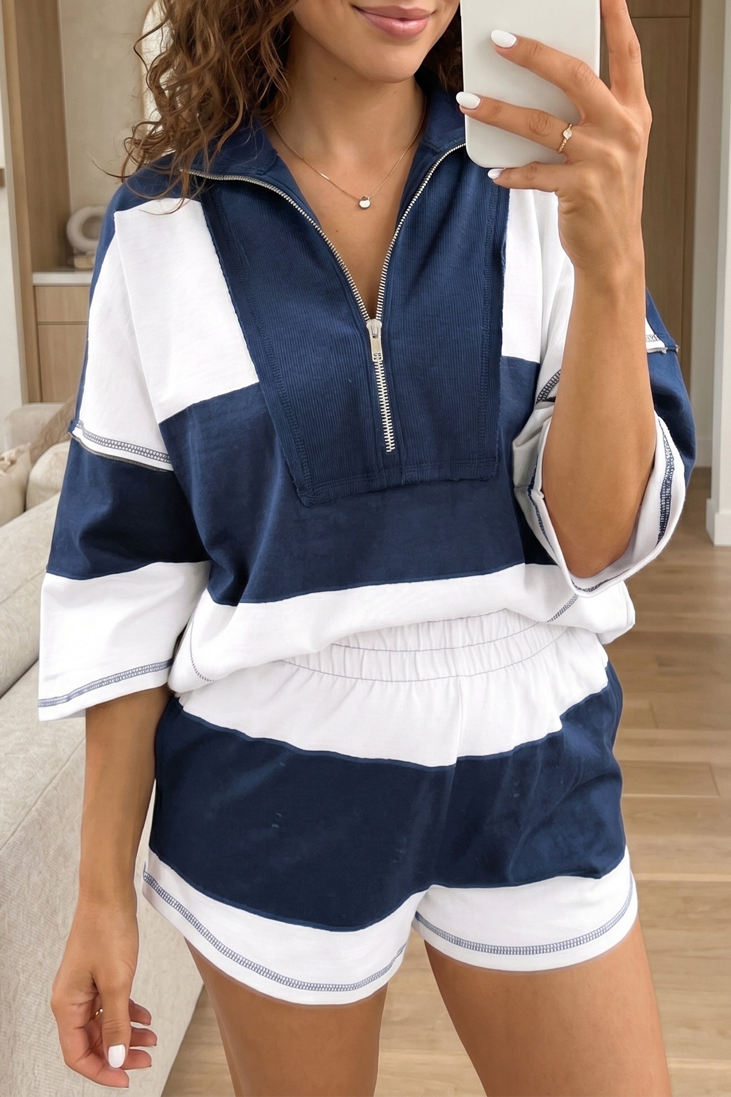 Ensemble femme manches 3/4, taille élastique — bleu