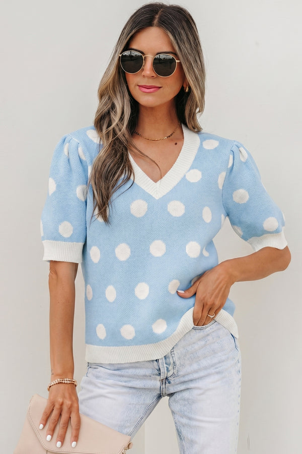 Pull femme pois, manches courtes — bleu clair