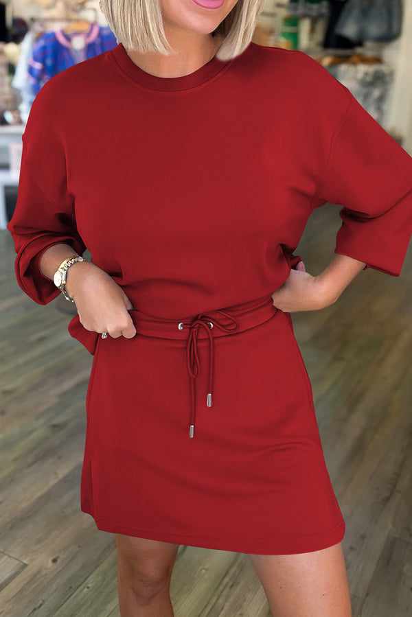 Ensemble femme à cordon, épaules tombantes, uni, mini — rouge