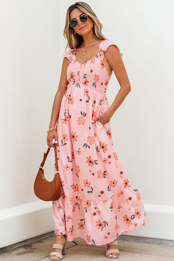 Robe femme floral, à volants, smocké, col V, taille haute — rose
