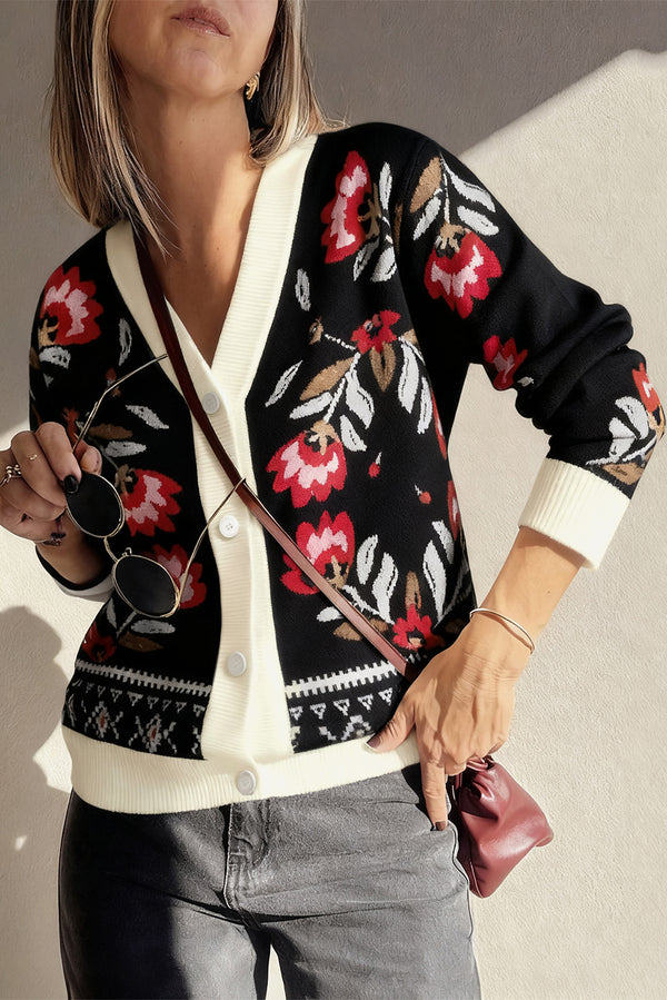 Cardigan femme floral, en maille, boutonnée, col V — noir