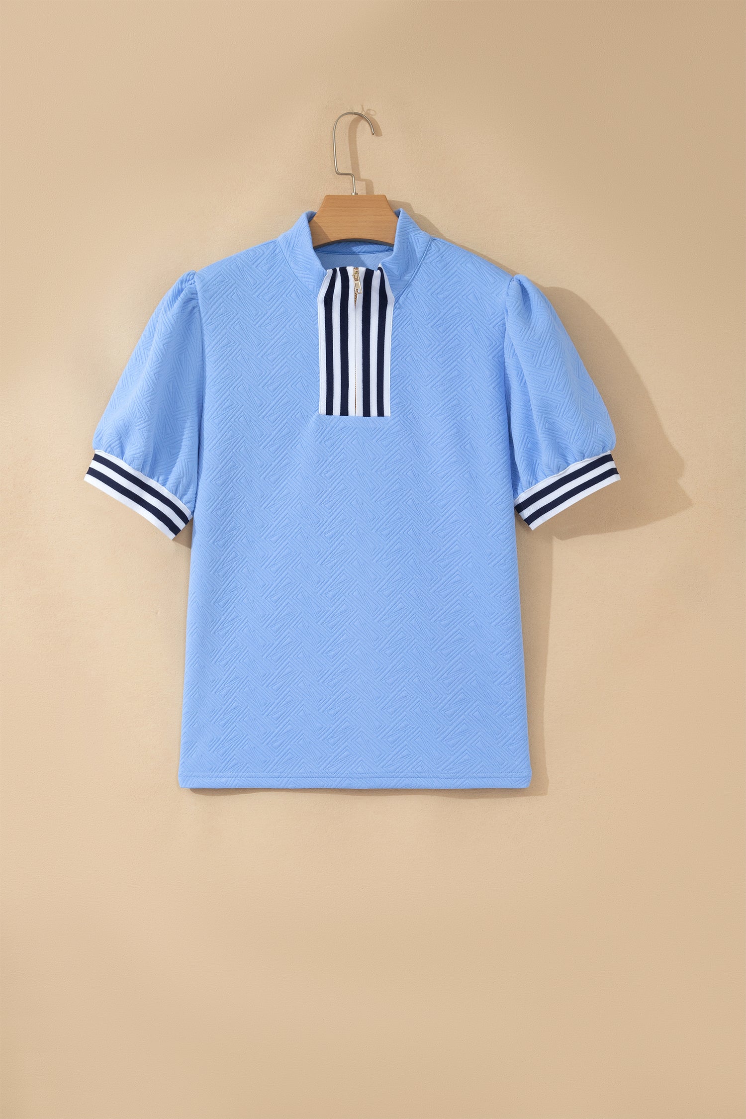Myosotis Stylish Textured Stripe Trim Split Neck Puff Sleeve Top