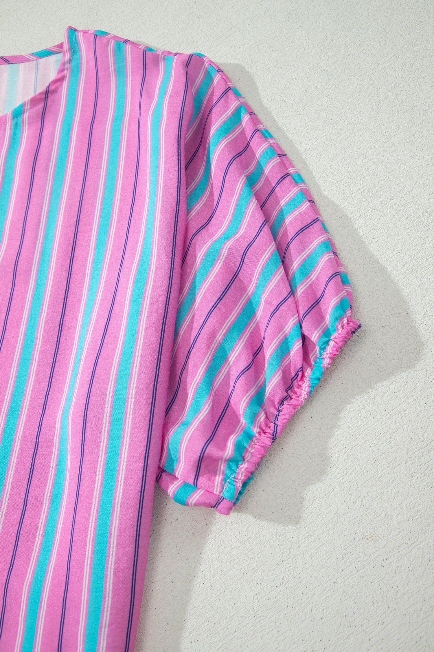 Pink Stripe Dolman Short Sleeve Blouse Drawstring Elastic Waist Loose Short Set