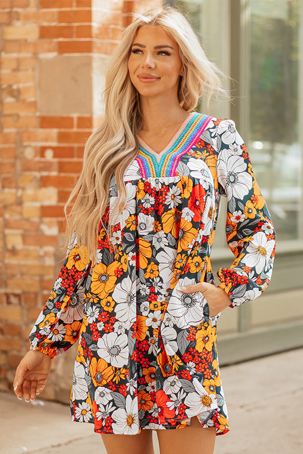 Robe courte femme floral, rayé, manches longues, col V — orange