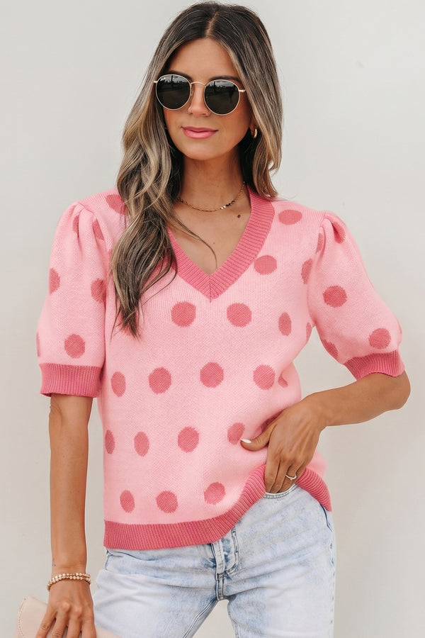 Pull femme pois, manches courtes — rouge rose