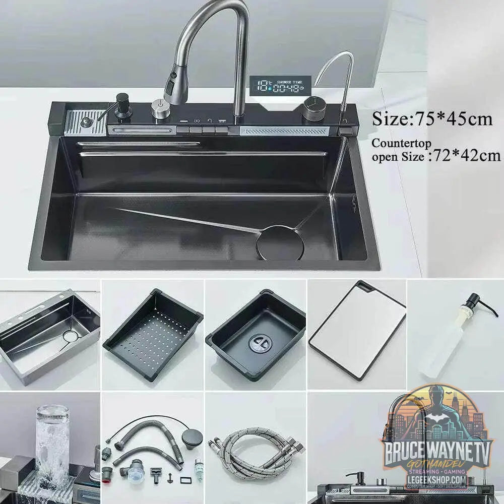 🚰 Évier cascade en acier inoxydable 304 – Affichage numérique & accessoires intégrés - Legeekshop