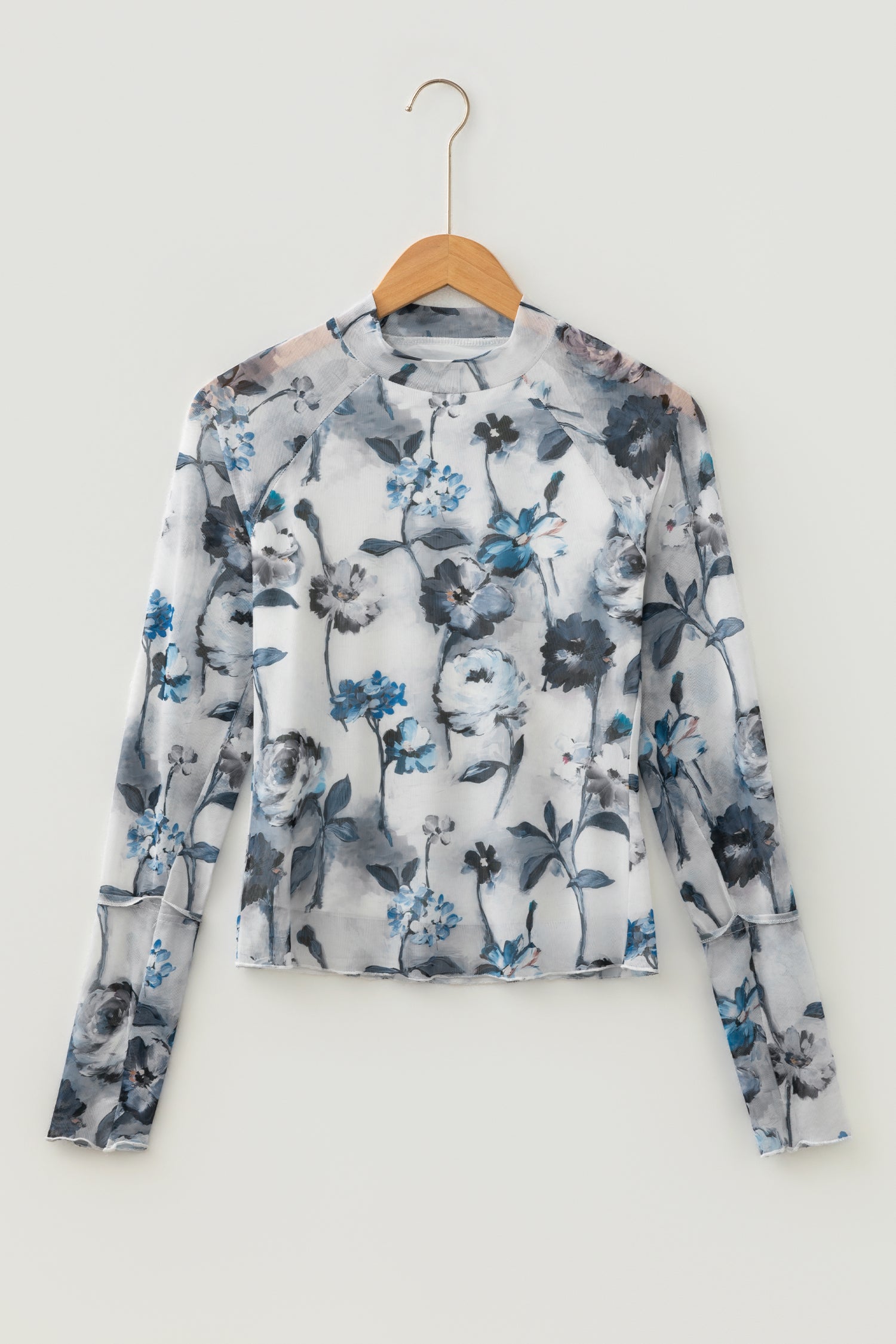 Sky Blue Floral Mesh High Neck Long Sleeve Sheath Top