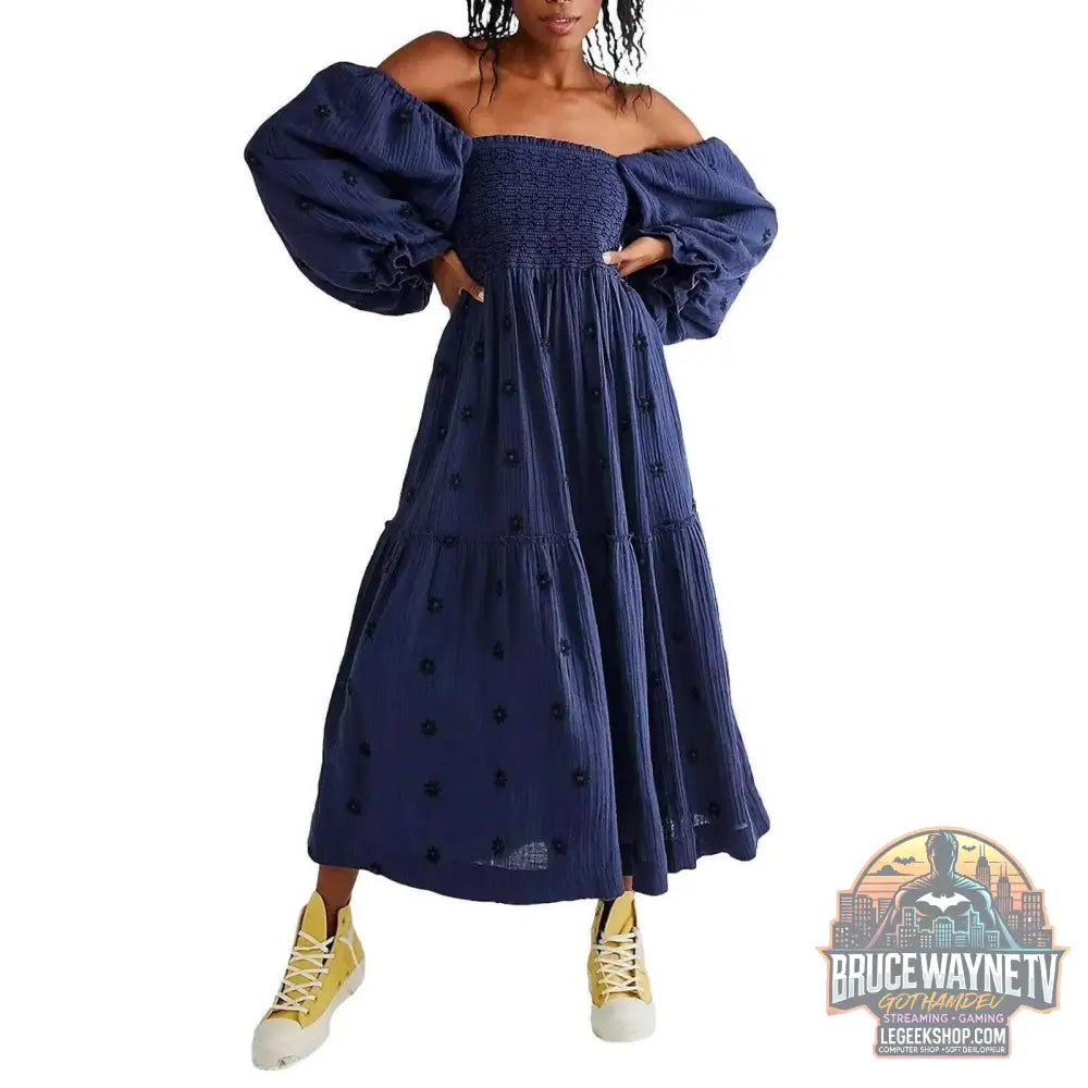 🌺 Robe longue à fleurs brodées 3D – Col carré & manches bouffantes - Legeekshop