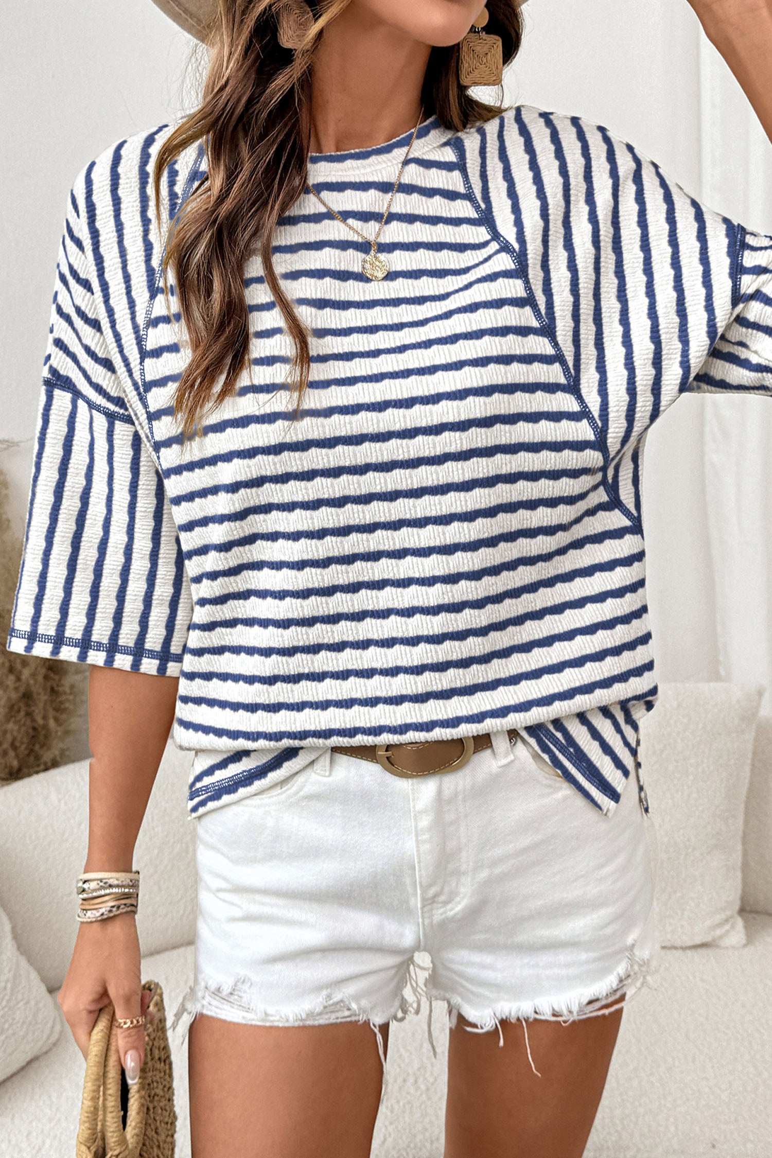 Sky Blue Stripe Textured Knit Split Hem Half Sleeve Loose Top