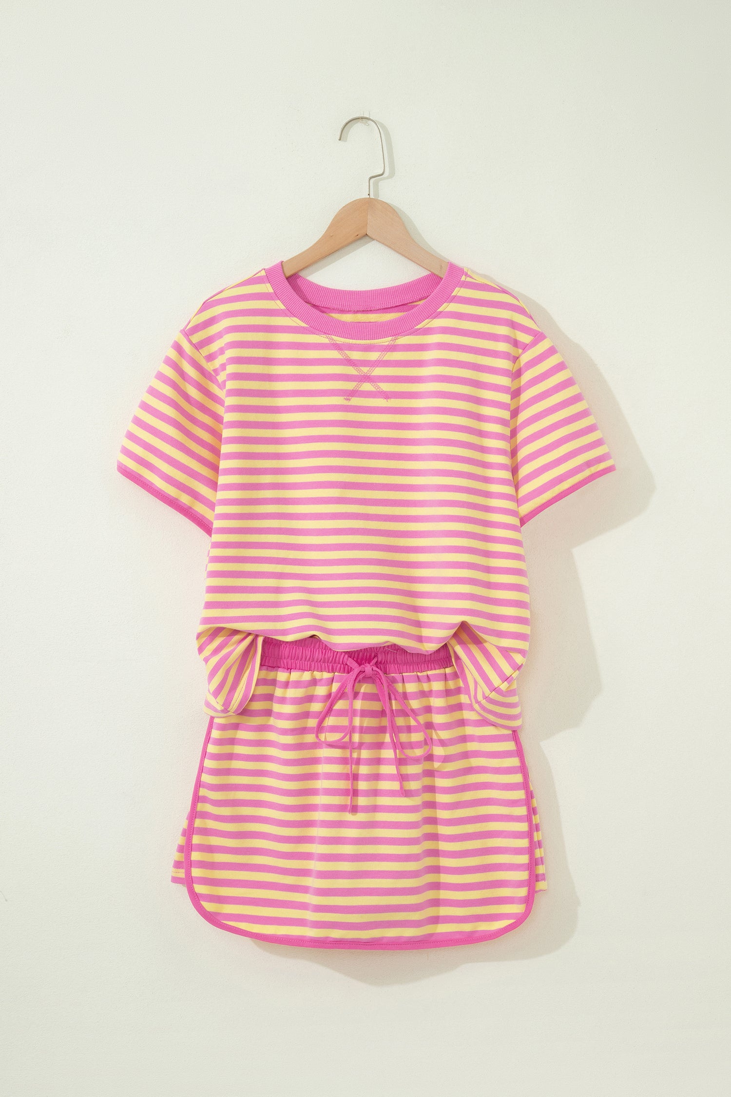 Pink Stripe Relaxed Short Sleeve Top Elastic Waist Drawstring Skort 2pcs Set