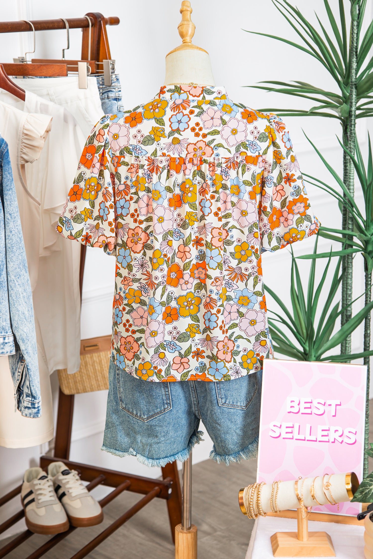 Multicolour Crochet V Neckline Puff Sleeve Boho Flower Blouse