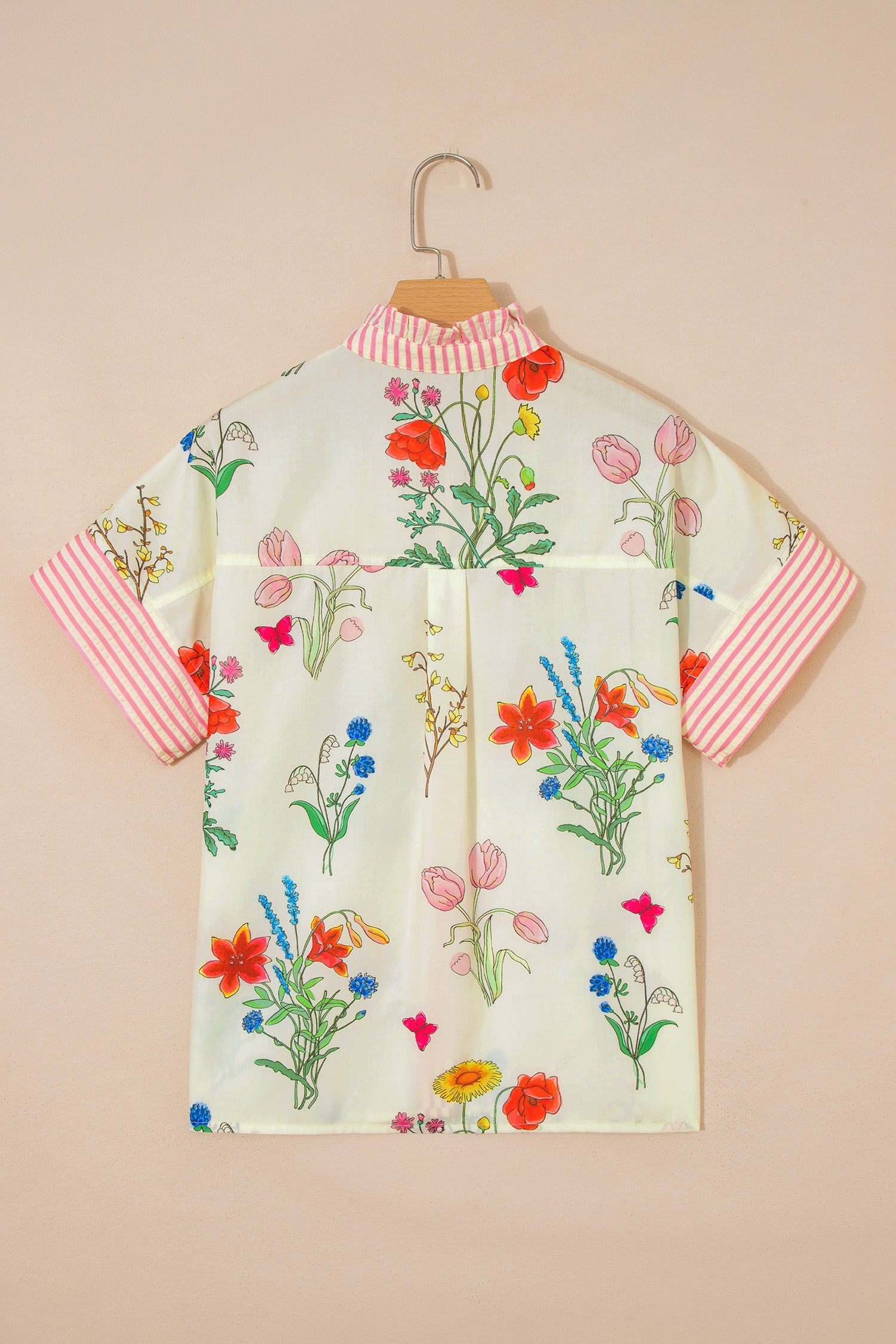 Beige Floral Striped Patchwork Ruffled Collar Short Sleeve Shirt