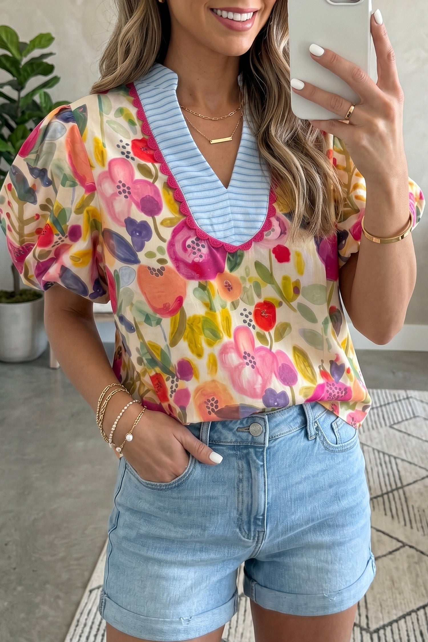 Rose Floral Print V Neck Short Puff Sleeve Cotton Blouse