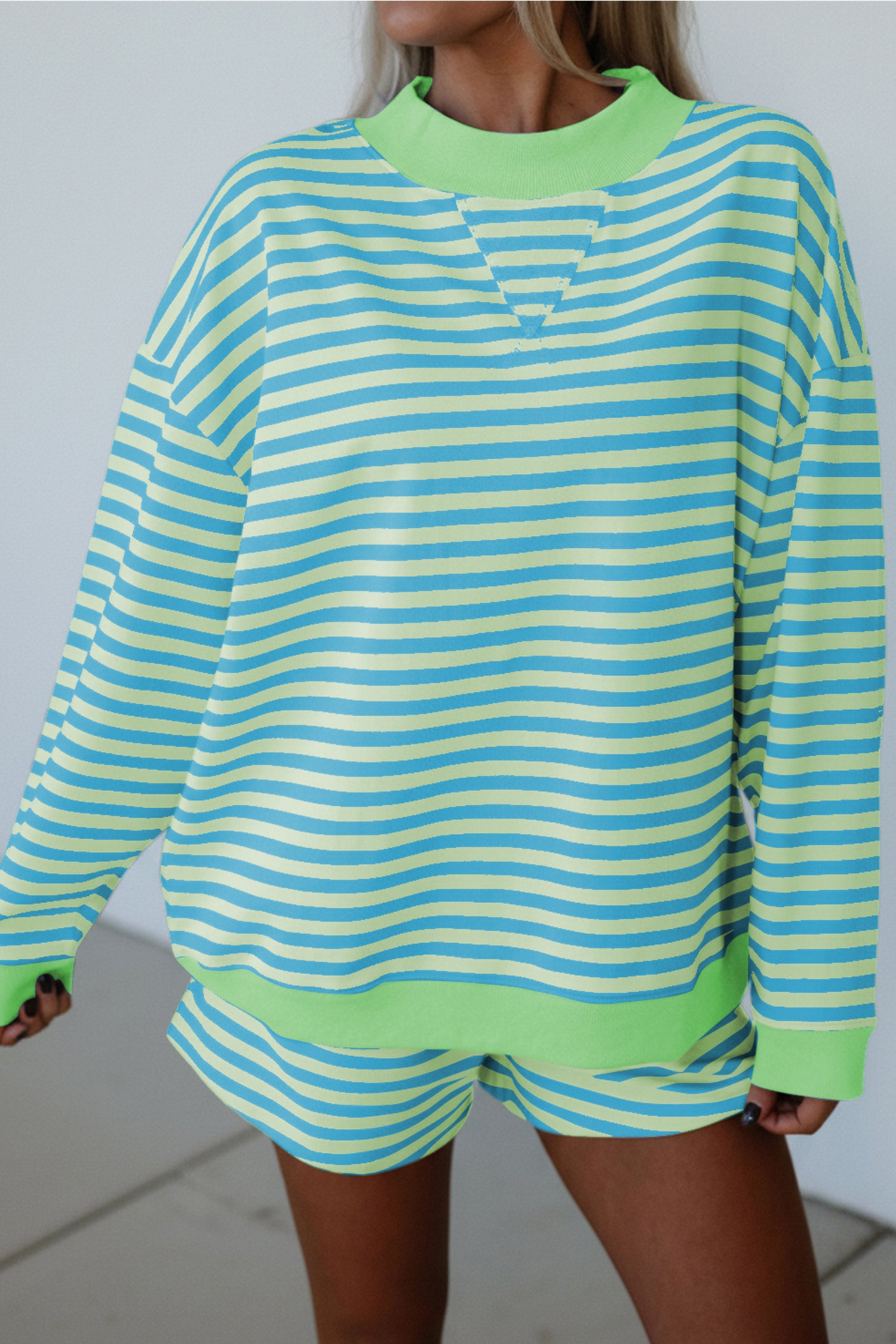 Yellow Stripe Color Block Detail Long Sleeve Pullover Elastic Waist Pull On Shorts 2pcs Set