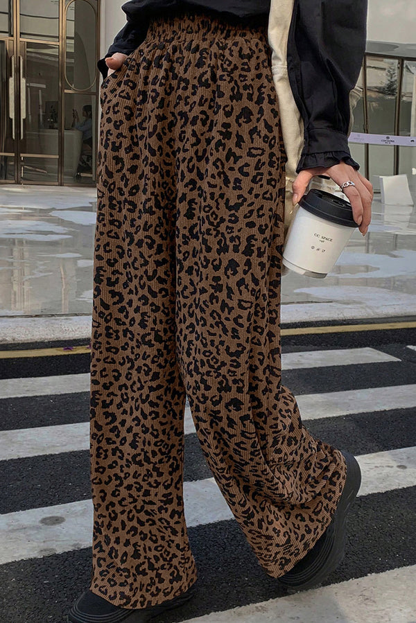 Pantalon femme léopard, taille haute, ample — marron