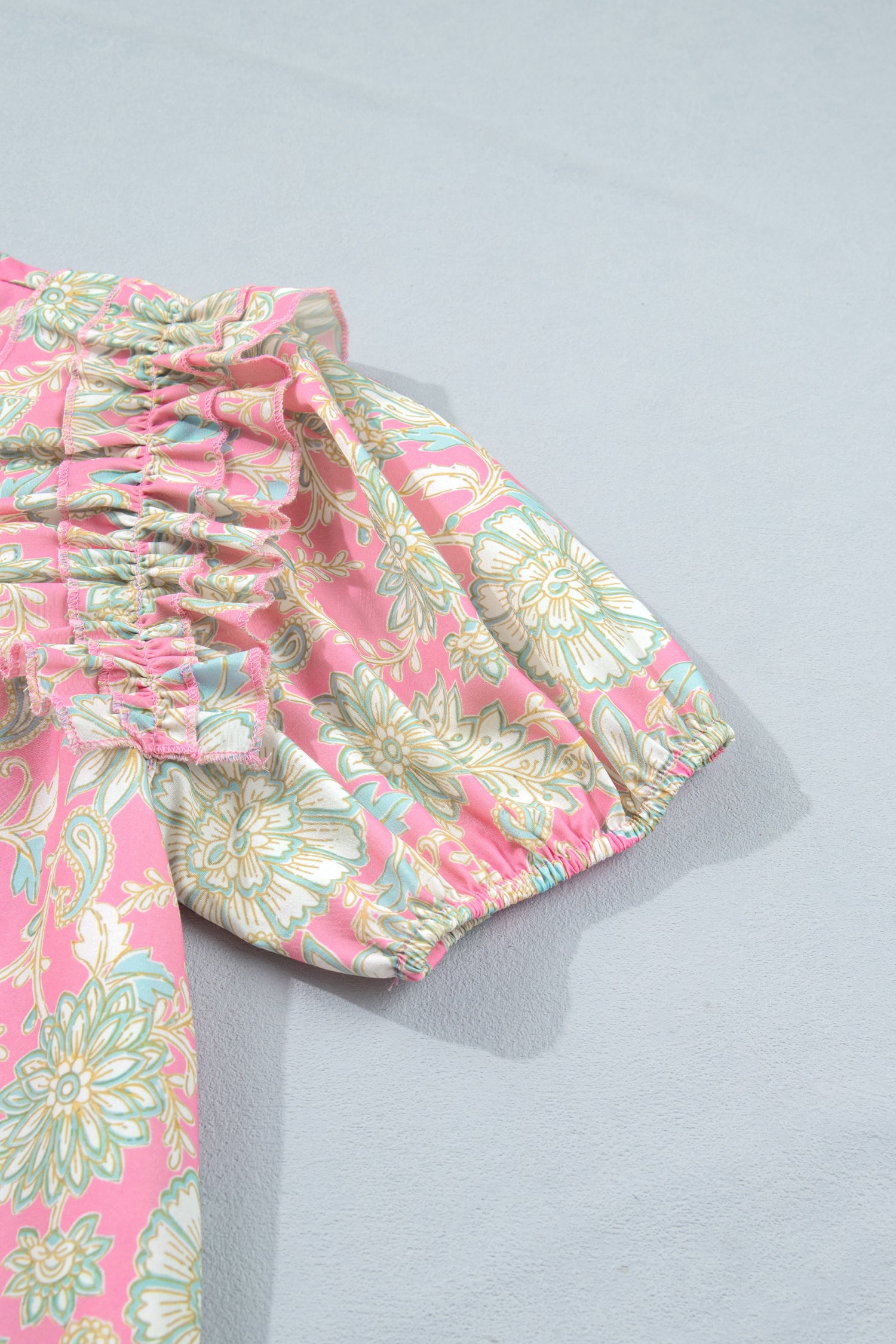 Pink Tie V Neck Floral Short Puff Sleeve Blouse