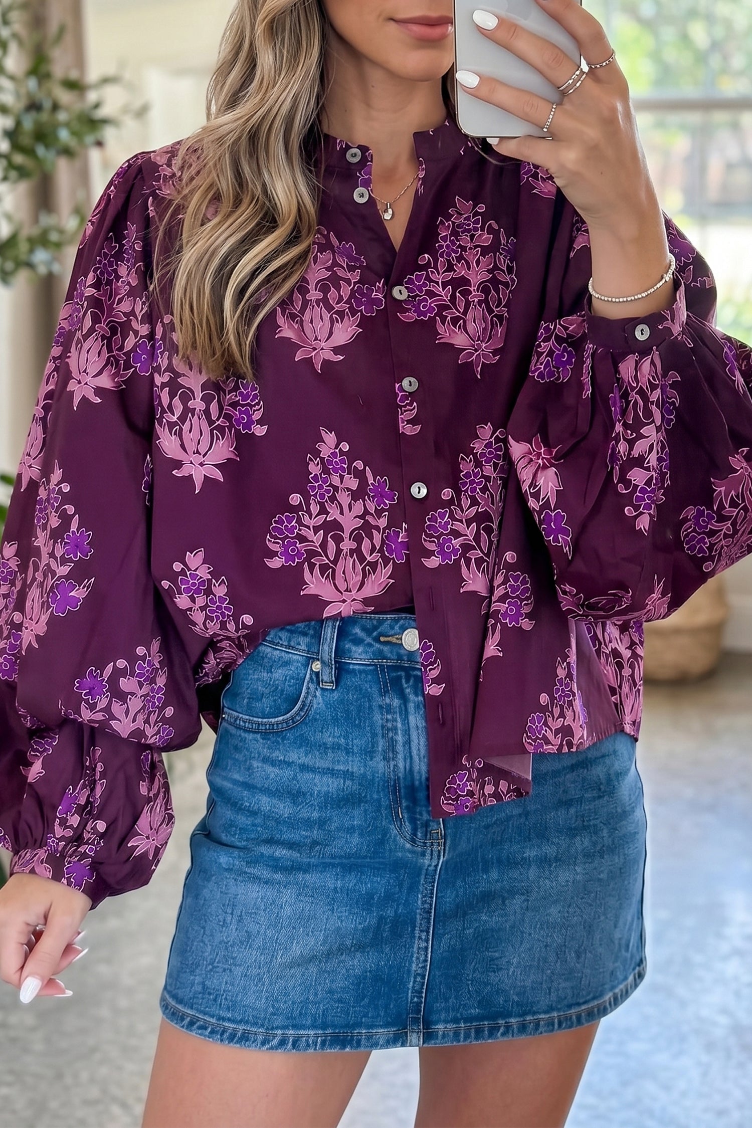 Purple Floral Print Button — Tops/Blouses & Shirts, photo principale LeGeekShop