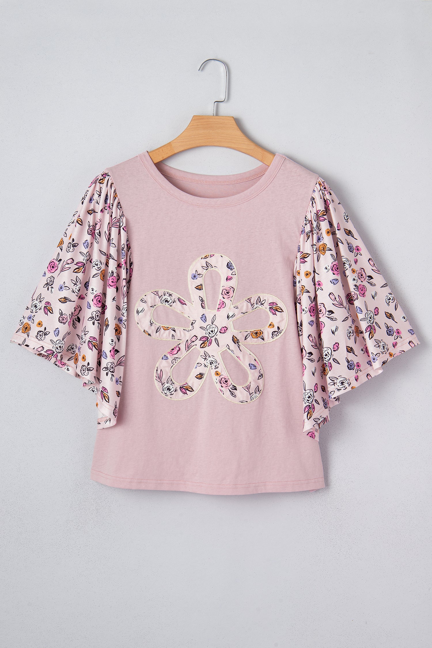 Pink Contrast Floral Patched Flowy Half Sleeve Blouse