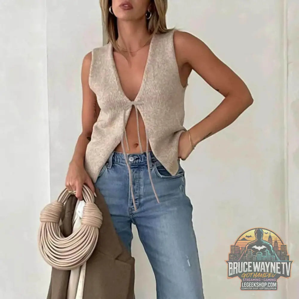🧶 Pull gilet tricoté Y2K – Débardeur sans manches avec nœud papillon - Legeekshop