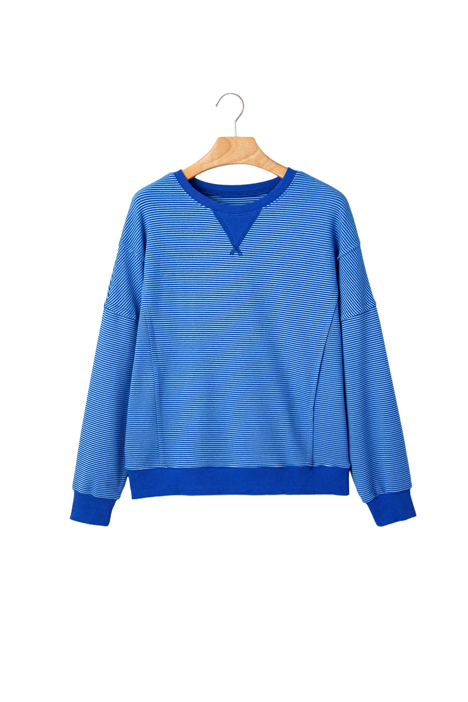 Blue Stripe Ribbed Cuffs Hem Long Sleeve Pullover Top