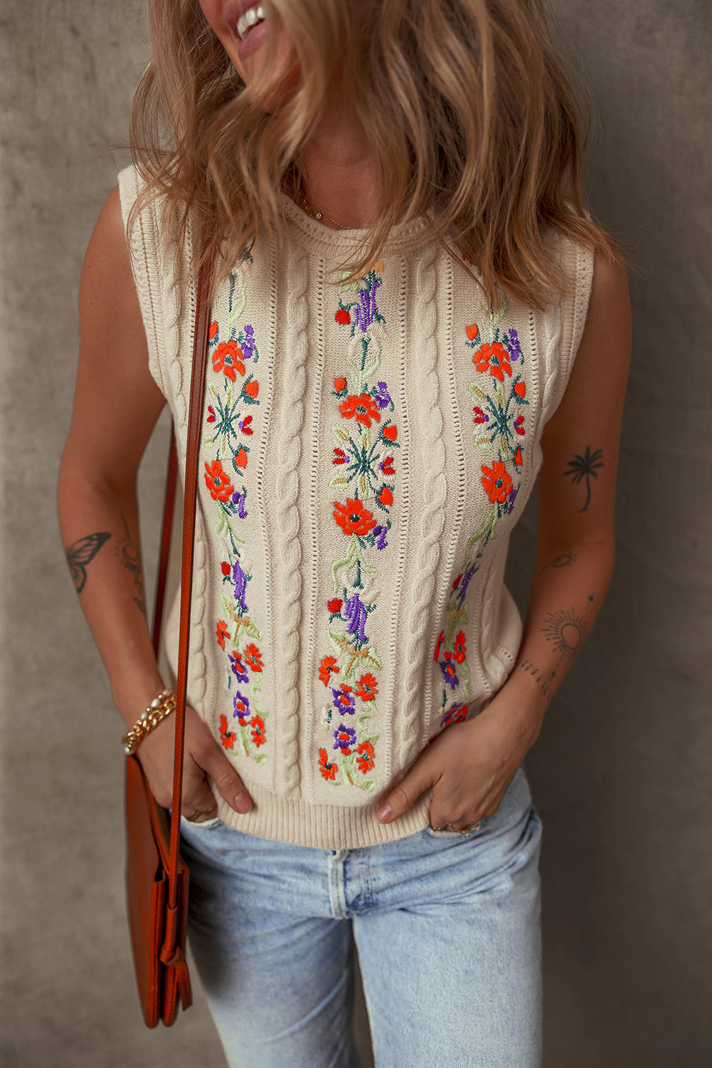 Pull femme floral, brodé, en maille, torsadé
