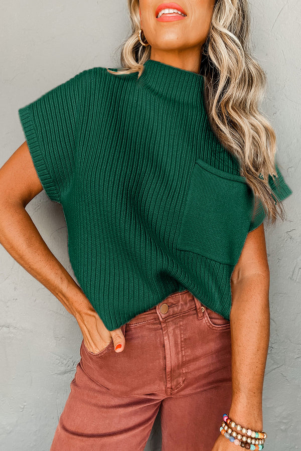 Pull en maille, poches, manches courtes — vert