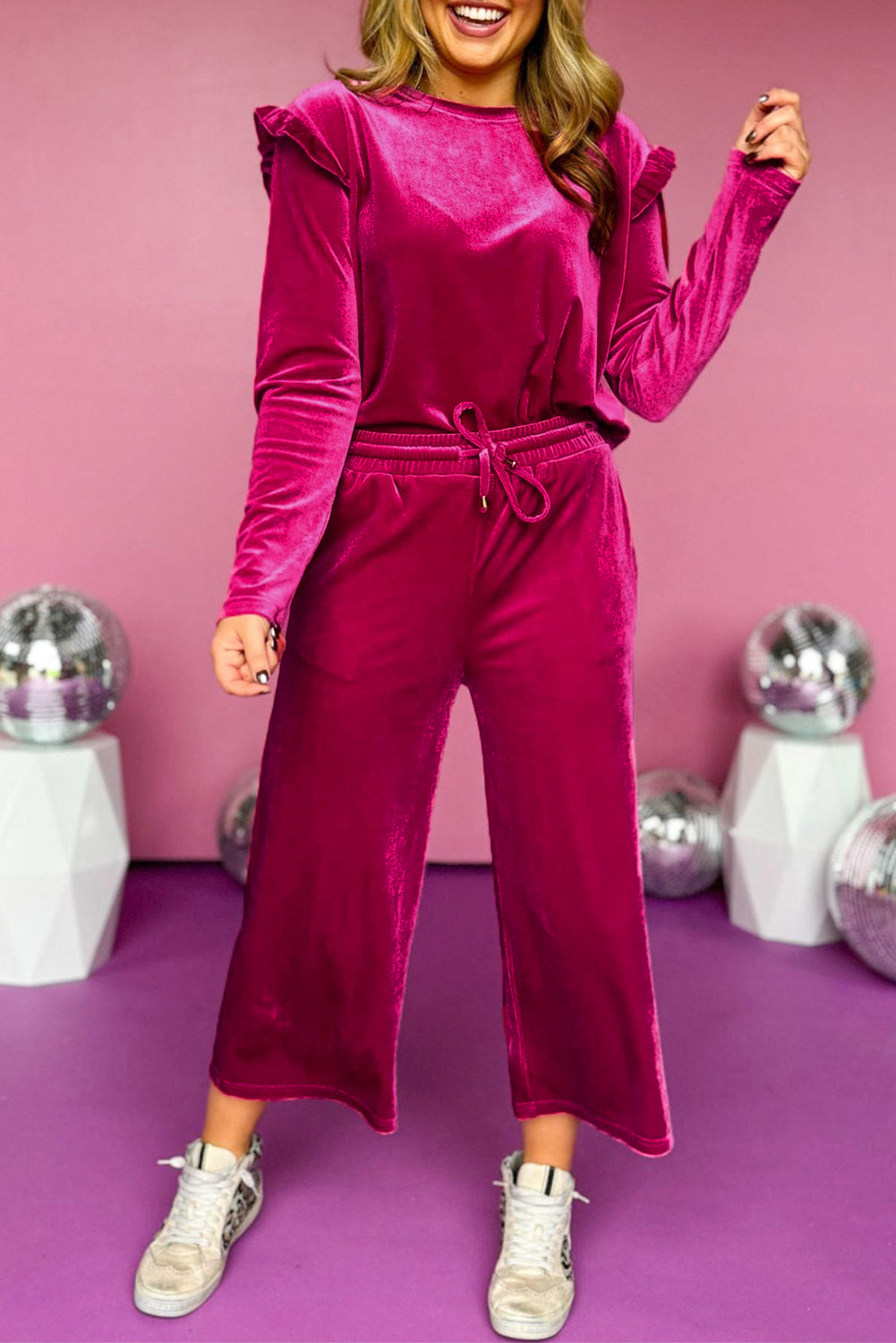 Ensemble femme velours, à volants, uni — rouge rose