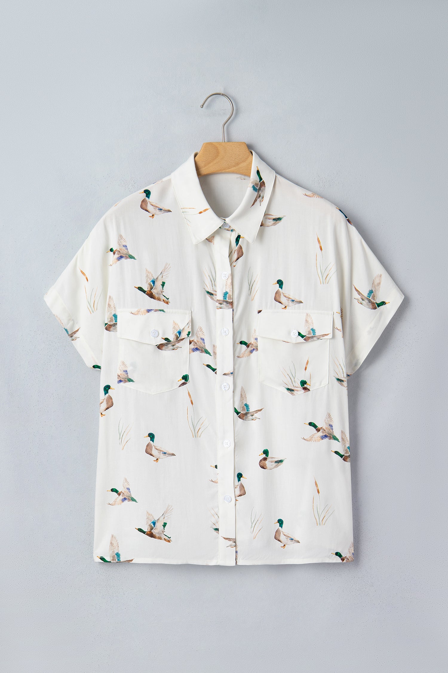 White Mallard Printed Button Flap Pocket Short Sleeve Shirt