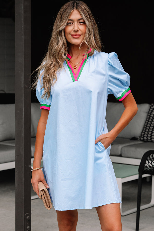 Robe courte femme rayé, manches bouffantes, col V