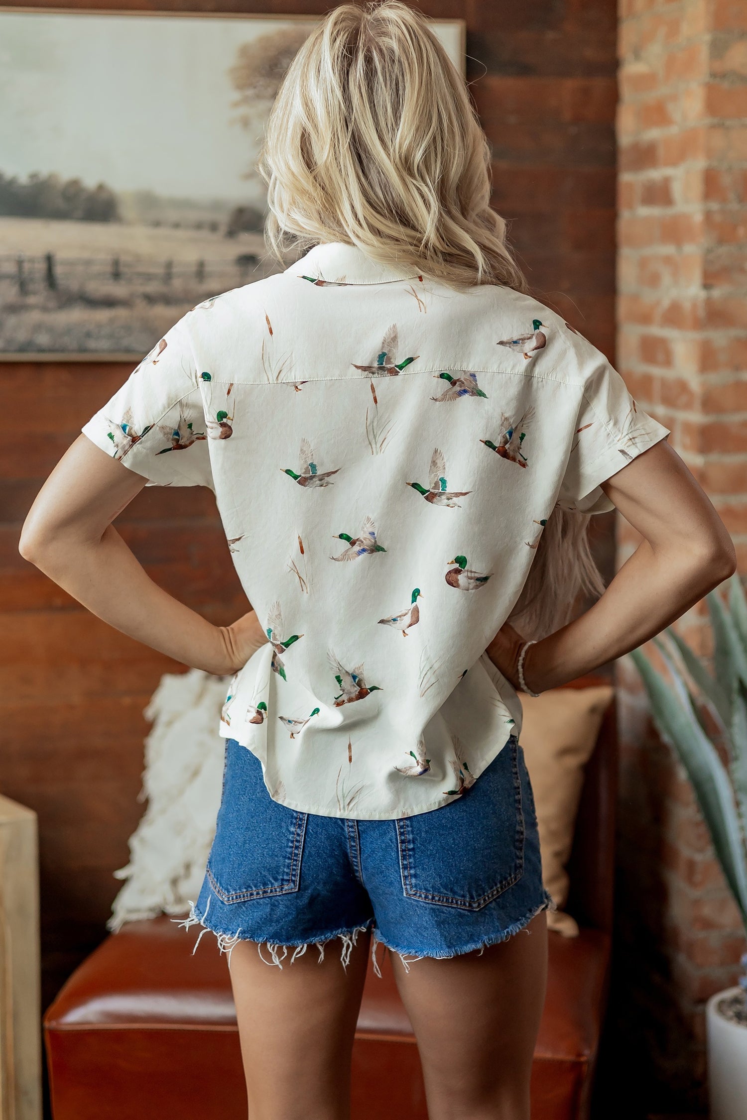 White Mallard Printed Button Flap Pocket Short Sleeve Shirt