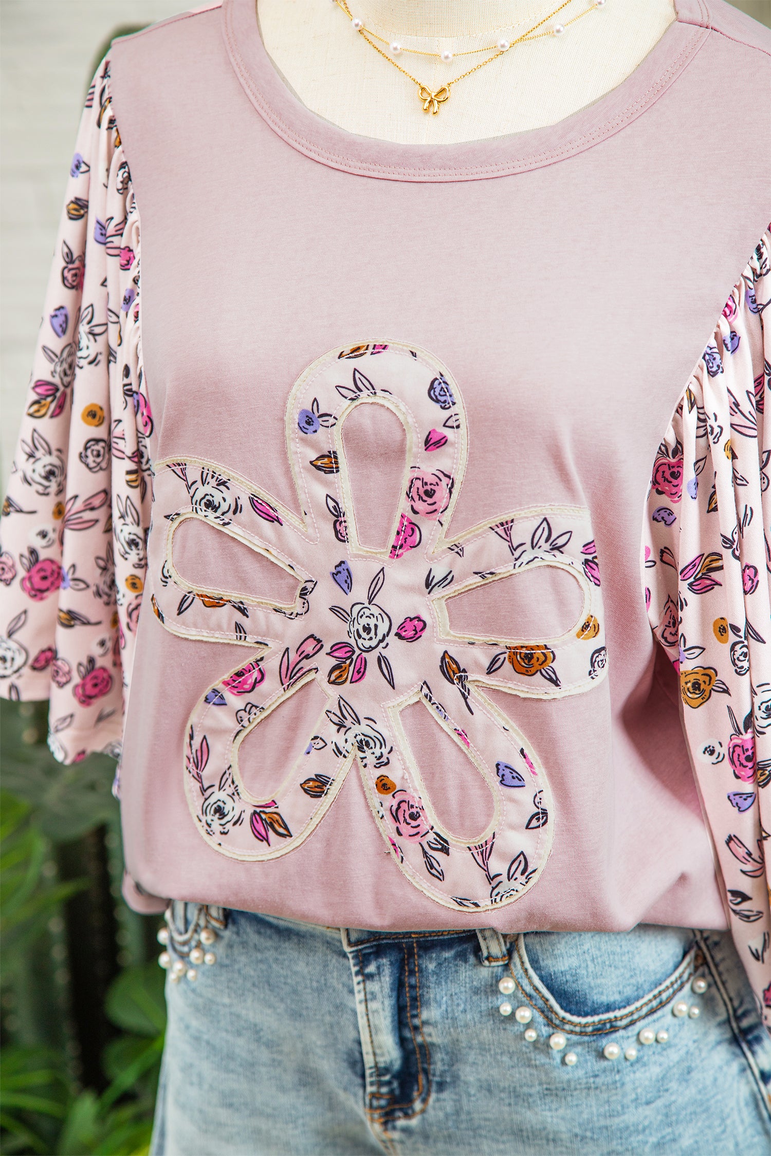 Pink Contrast Floral Patched Flowy Half Sleeve Blouse