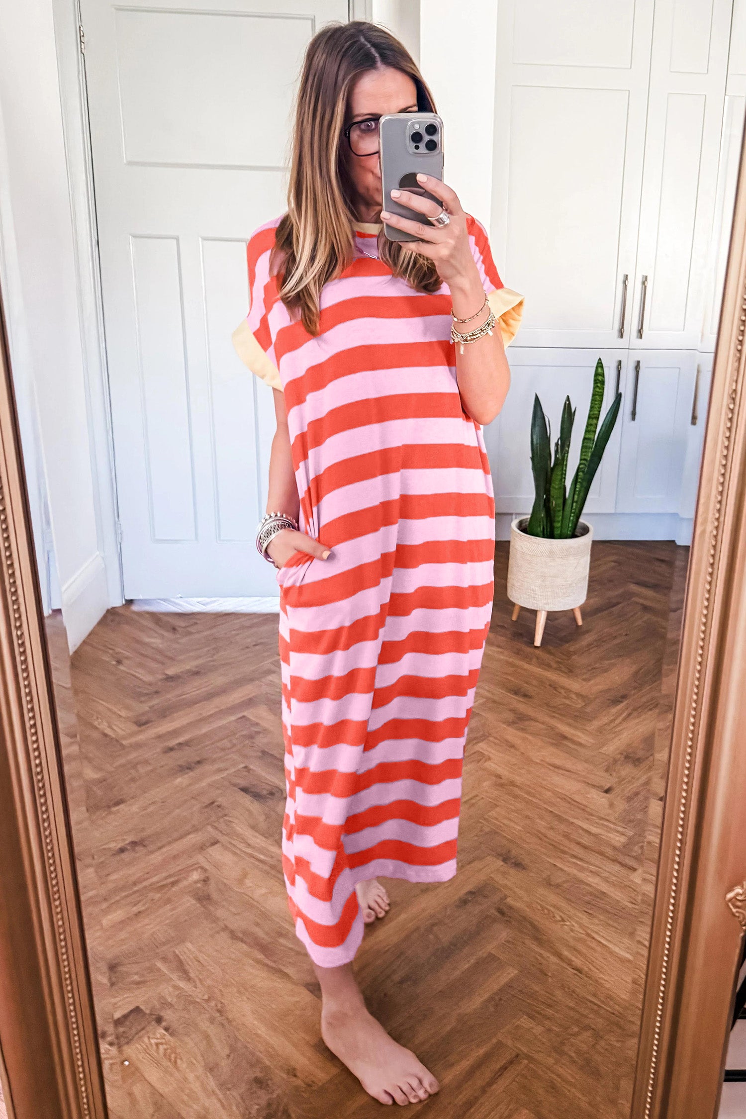 Rose Stripe Cuffed Short Sleeve Pocketed Casual T Shirt Long Dress