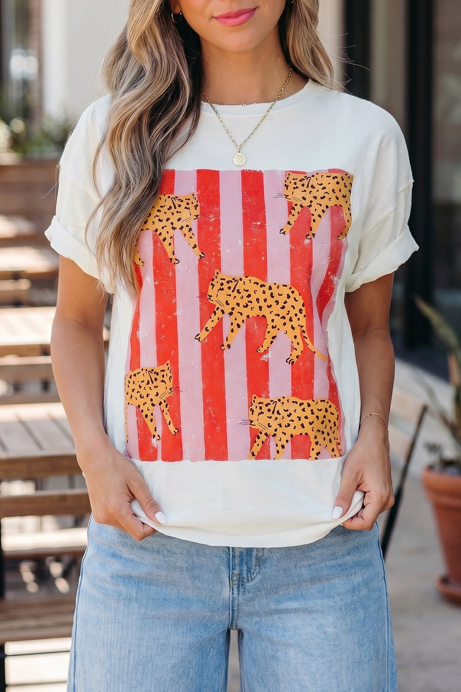 Dark Grey Cheetah Striped Print Retro Fashion Graphic Tee