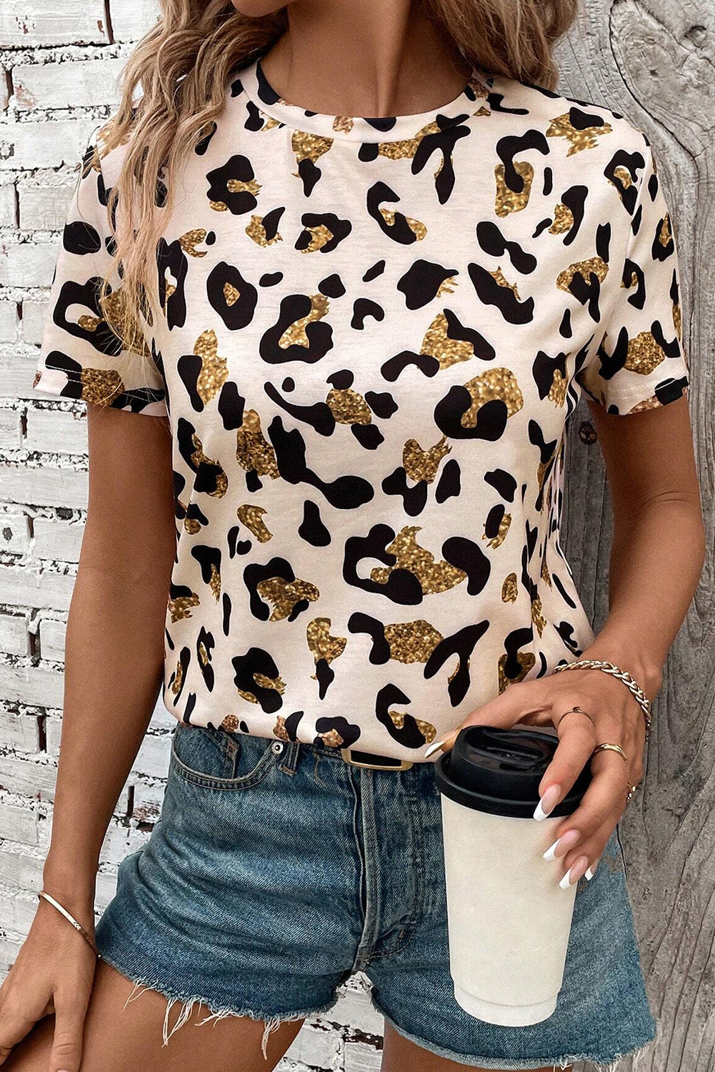 T-shirt femme léopard, col rond, casual — abricot