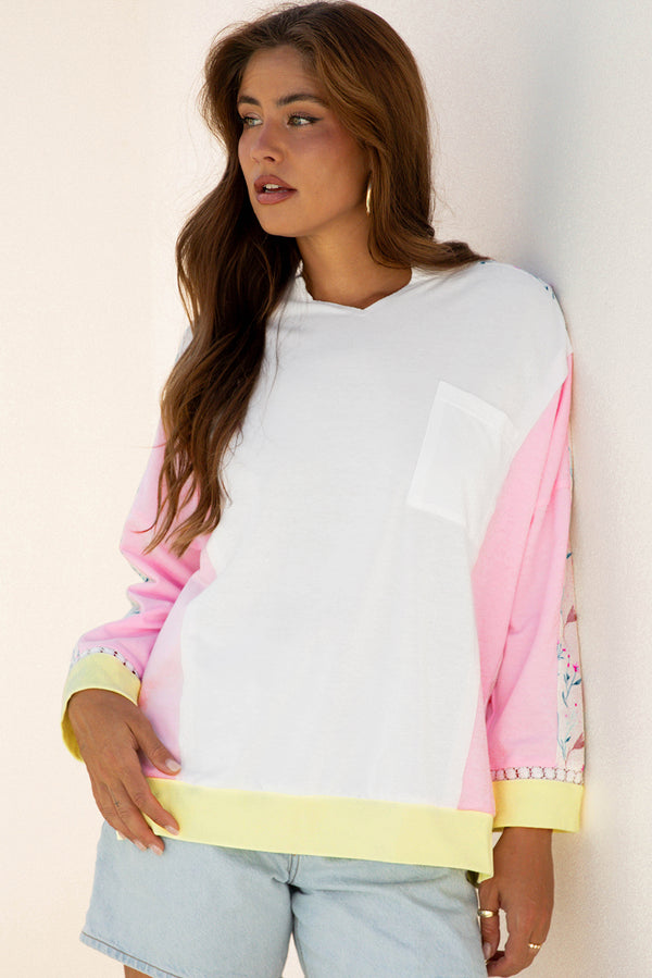 Haut femme floral, patchwork, poches, manches longues, colorblock — blanc-P1